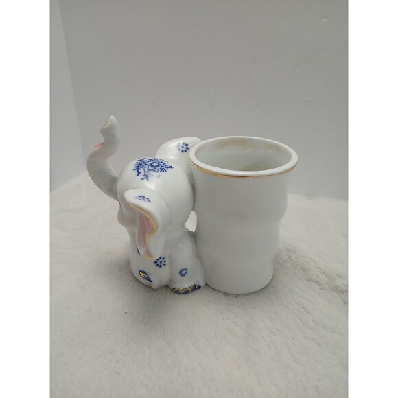Porcelain Trunk Up Elephant Bamboo Planter Small White Blue Gold Accent - Picture 4 of 7